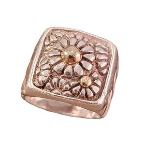 Sterling & 14k Flower Motif Signet Style  Ring